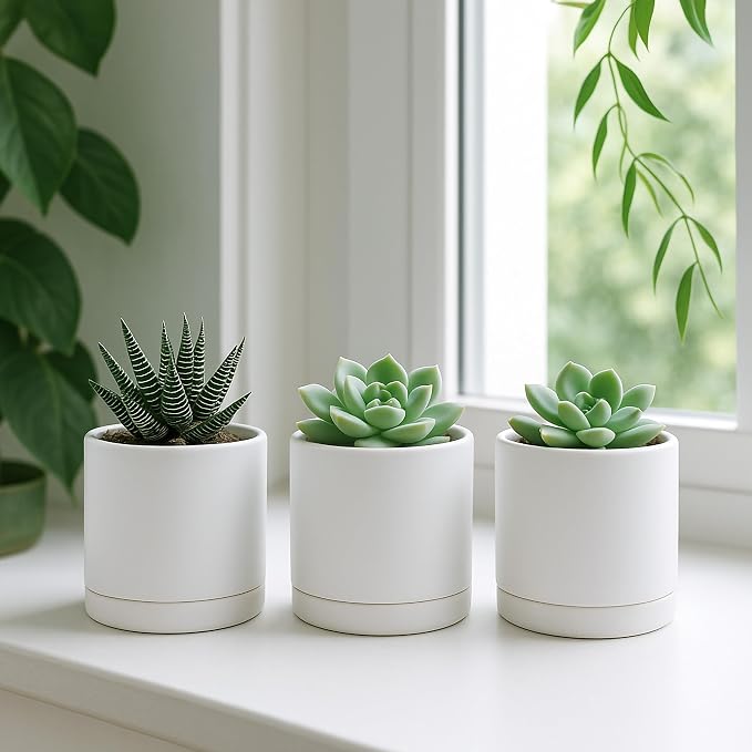D'vine Dev 3.5 Inch Ceramic Planter Pot with Drainage Hole and Saucer, Indoor Cylinder Round Planter Pot, White, 94-O-A-1