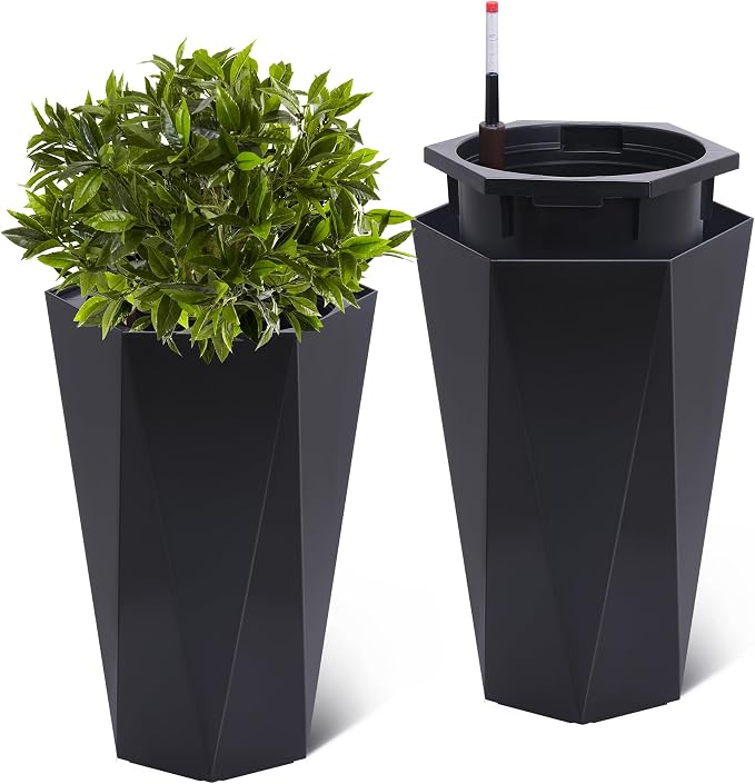 GarveeLife 22.5 in Tall Diamond Planters Set of 2, Self Watering Planters with Water Level Monitor, Flower Pots Outdoor and Indoor for Patio, Porch, Living Room, Home Office, Black
