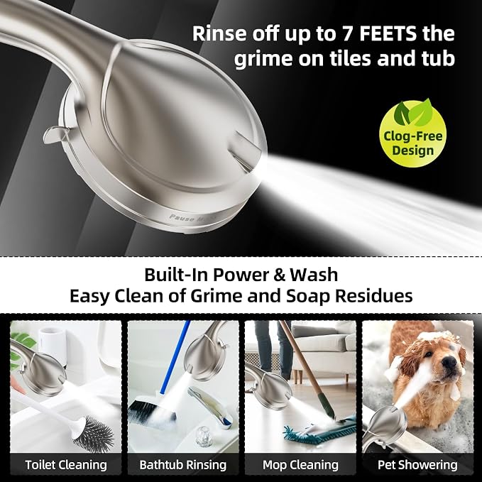 BESAQUO Shower Head, 9 Settings High Pressure shower head with handheld, Built-in Pause Mode & Power Wash, Non-Clogging Nozzles, 6ft Hose,Bracket(Satin Nickel, 9 Settings)