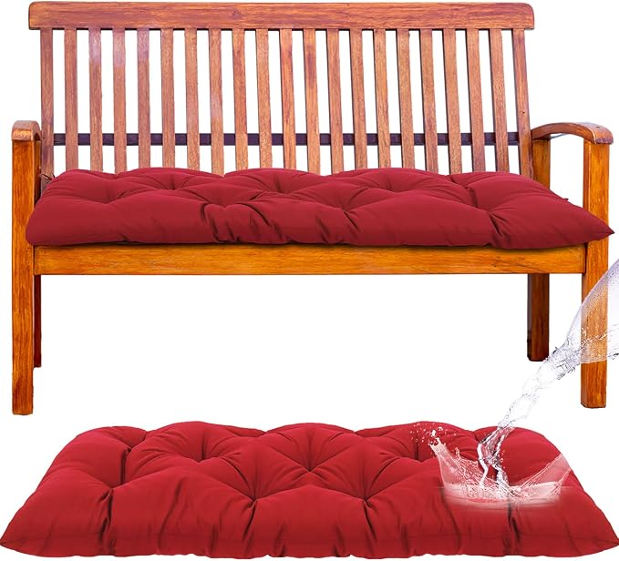 Wenqik Outdoor Bench Cushion 44 x 19 x 5 Inch Waterproof Patio Swing Cushion with Removable Zippered Cover Adjustable Ties Seat Pad for Porch Bench Garden Loveseat (Brick Red, Classic)