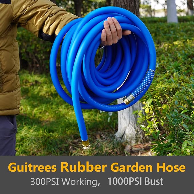 Guitrees 150FT 5/8 Heavy Duty Rubber Garden Hose - 200psi Working, 1000psi Burst - Hot/Cold Water - Five-Layered Braiding for Durability - Versatile for Gardening, Agriculture, Construction(Blue)
