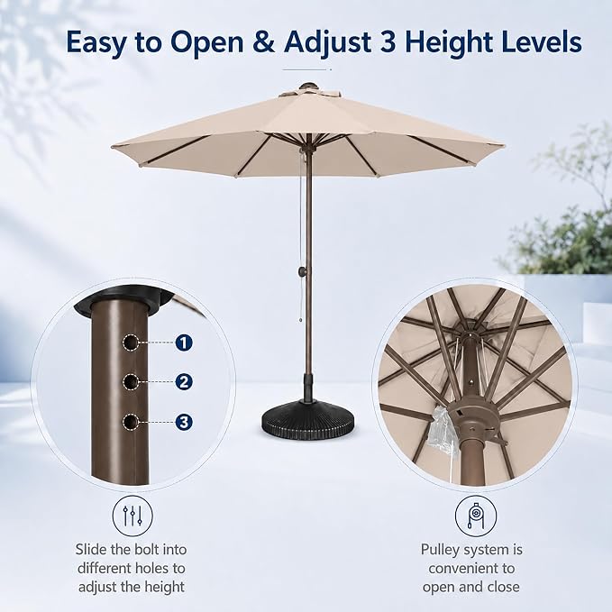 9FT Patio Umbrella, Outdoor Table Umbrella with Rope Pulley Lift, 3 Adjustable Heights, Market Umbrellas for Backyard, Pool and Deck, UPF50+