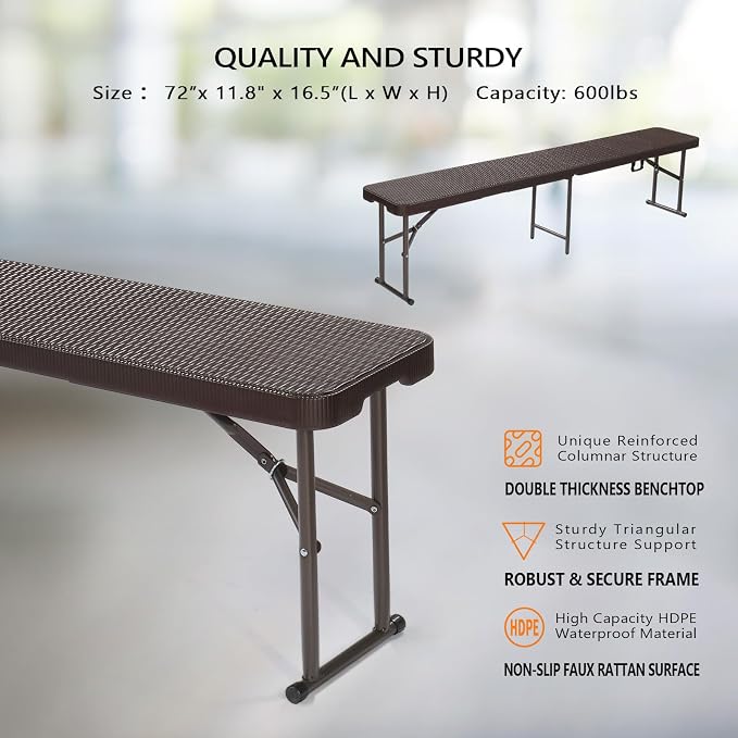 VINGLI 6 feet Plastic Folding Bench,Portable in/Outdoor Picnic Party Camping Dining Seat, Garden Soccer Multipurpose Entertaining Activities, Smooth HDPE Tabletop (2, Brown, 6ft)
