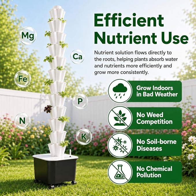 Hydroponic Tower 60 Pods 12 Tiers Hydroponics Growing System Vertical Garden System with 25L Water Tank and Pump for Indoor Outdoor Home, Balcony & Patio