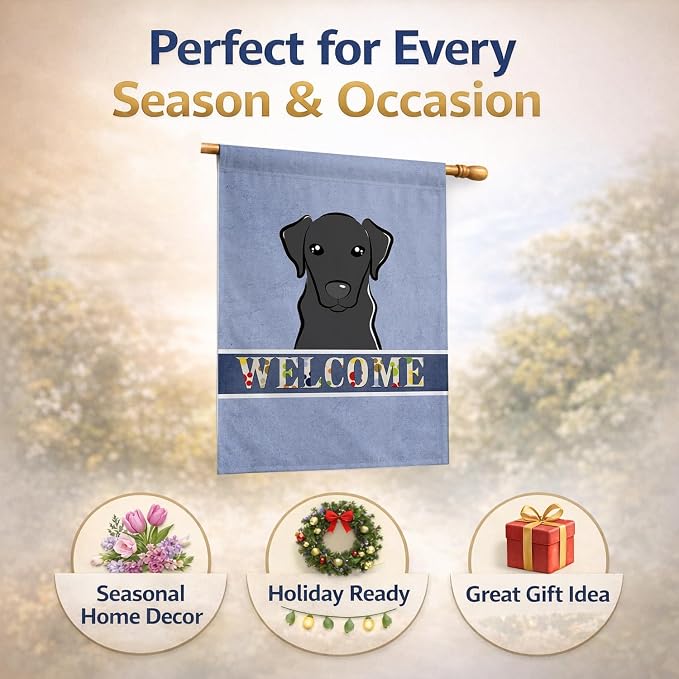 Caroline's Treasures BB1421CHF Black Labrador Welcome House Flag, Blue Large Porch Sleeve Pole Decorative Outside Yard Banner Artwork Wall Hanging, Polyester, House Size, Multicolor
