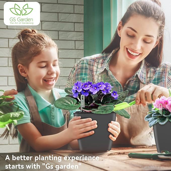 Self Watering Planters for Indoor Plants, 5.2 Inch 3 Pack Square Plastic Plant Pots with Water Level Indicator & Drainage System for African Violet Herbs Succulents - Gery