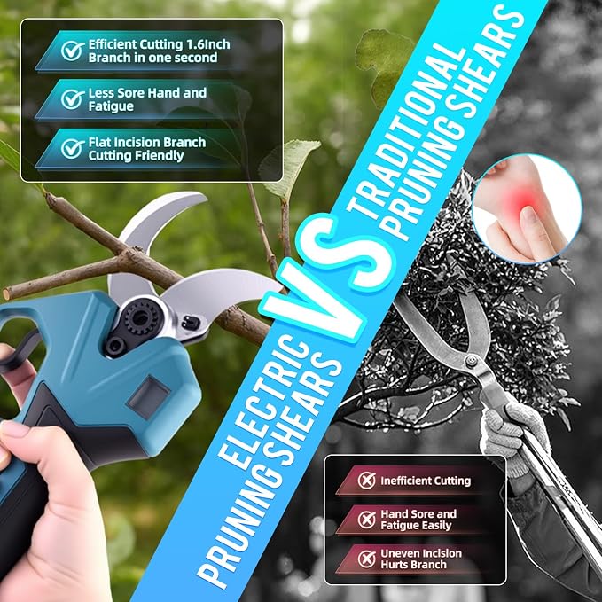 RYOJEGK 1.6" Brushless Electric Pruning Shears with 2x2.0Ah Battery | cordelss,Power Pruner Cuts,Branches up to 1.6",Brushless Motor,Safety Lock, SK5 Steel Blade for Garden Tree Pruner Branch