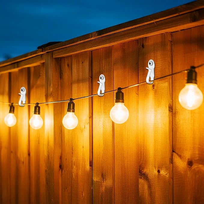 60 Pack Hooks for Outdoor String Lights Clips, Metal Heavy Duty String Light Hook with Screw & Adhesive Strips, Christmas Light Clips for Outside or Indoor Holiday Decor, Fairy Led Lights, Etc. White