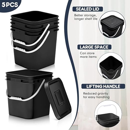 Mumufy 5 Pcs 3.5 Gallon Square Food Grade Bucket with Lid Square Bucket Pail Plastic Handles for Long Term Food Storage, Camping, Fishing, Home Organization Easy Stack and Store (Black)