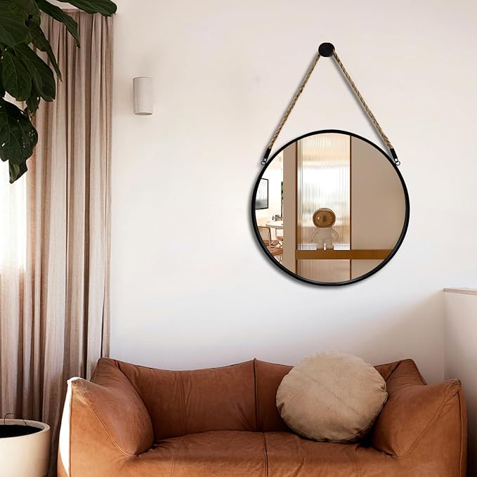 POZINO 20" Round Mirror with Black Metal Frame, Hanging Mirror for Wall | Circle HD Mirror with Jute Rope, Anti-Rust, Farmhouse Decorative Wall Mirror for Entryway, Living Room, Fireplace, Bathroom