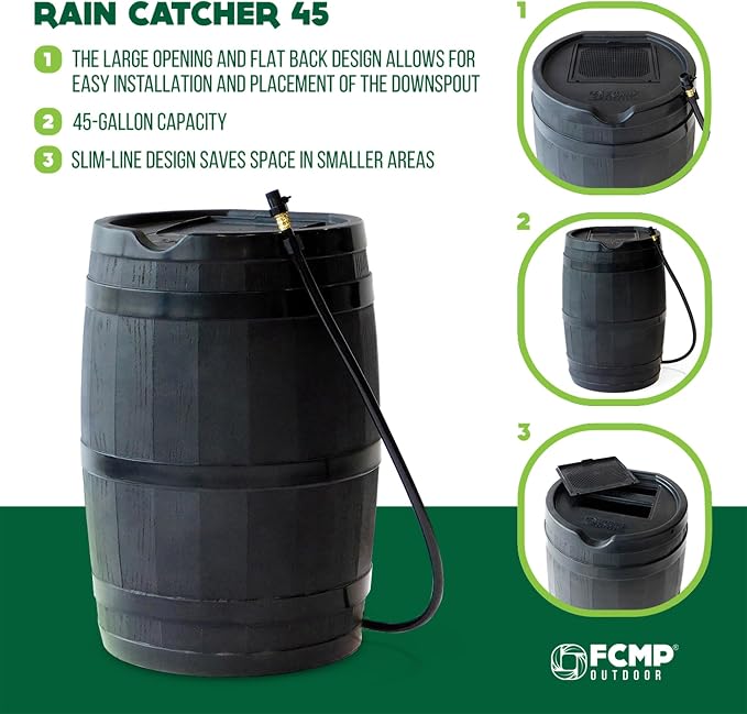 FCMP Outdoor 45 Gallon Heavy Duty Rain Water Catcher Barrel Container with Hose and Debris Screen for Outdoor Plants, Garden, and Landscapes (RC45-GRY) Grey