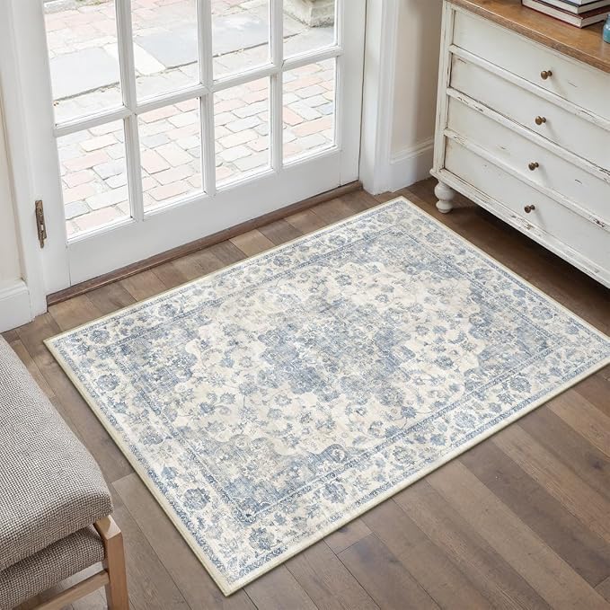 2x3 Blue Neutral Area Rug | Washable, Non Slip, Soft Low Pile, Vintage Farmhouse, for Entryway Kitchen Bathroom Living Room Bedroom Indoor Home Decor