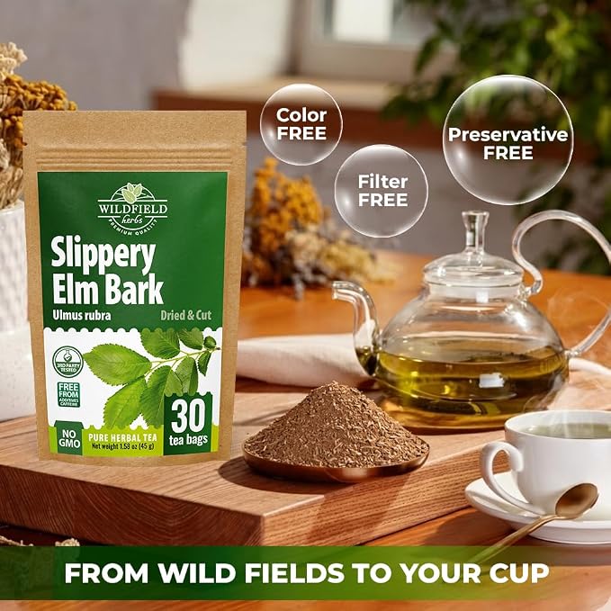 30 Bags Slippery Elm Herbal Tea (Ulmus Rubra) - 30 Count 1.5g Bags Dried Slippery Elm Bark Herb Tea