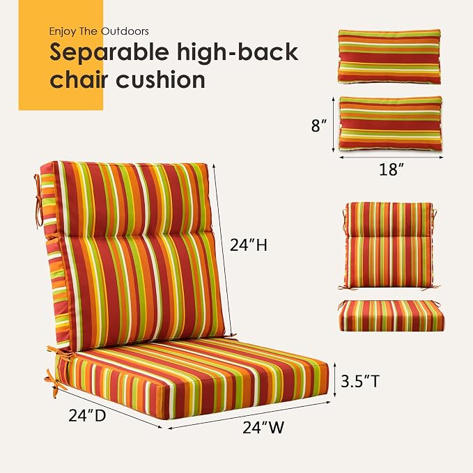Outdoor High Back Chair Cushion, 2 Pack 48 x 24 inches Patio Chair Cushions Water Repellent Rocking Cushions Indoor Furniture Seat Pad with 2 Pillows, Rainbow Stripe