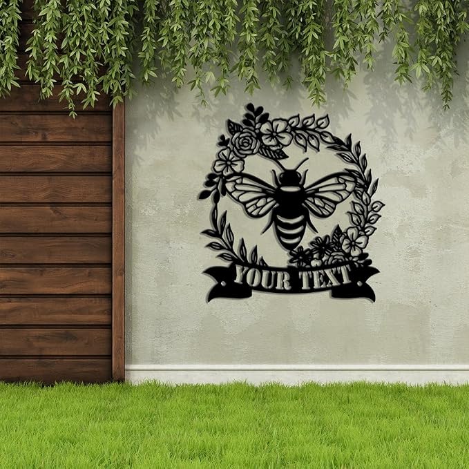 MeMate Personalized Metal Plaques, 8" - 24" Outdoor Decor, Bee & Flower Garden Signs, Rustic Shed Signs