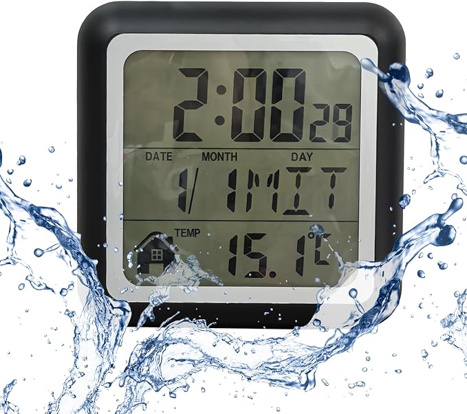 Digital Bathroom Shower Wall Clock, Indoor Waterproof Clock with Suction Cup, Plastic Frame, Flexible Choice for Hanging Or Standing, Modern Silent Kitchen Small LCD Screen Clock