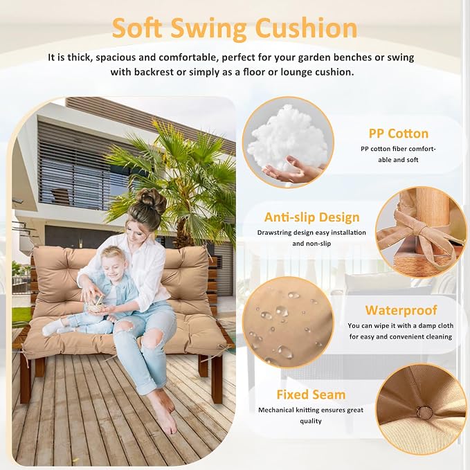 Swing Replacement Cushions for Outdoor: 2-3 Seater Waterproof Porch Bench Cushion with Backrest and Ties - 4" Thick Swing Cushion for Garden Patio Backyard Loveseat