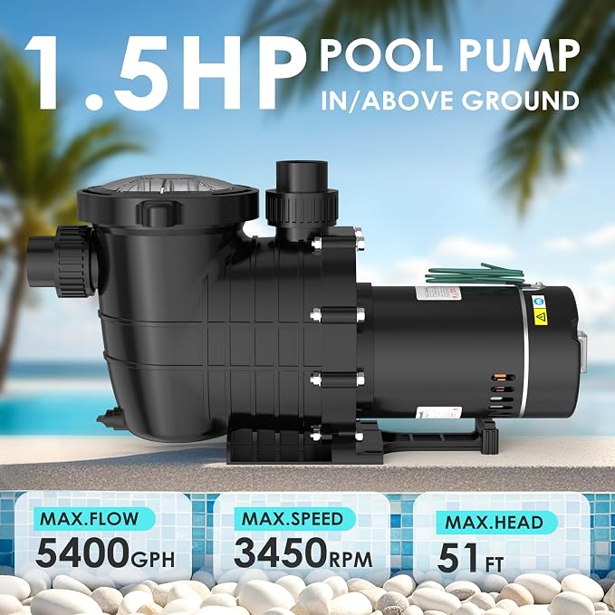 Seeutek 1.5HP Pool Pump for Above/In Ground Pools, 115V/230V 6600GPH | High Flow Energy Efficient Pure Copper Motor, 1.5", 2", and 1.25"-1.5" Connectors, Strainer Basket & Drain Plug, Self Priming