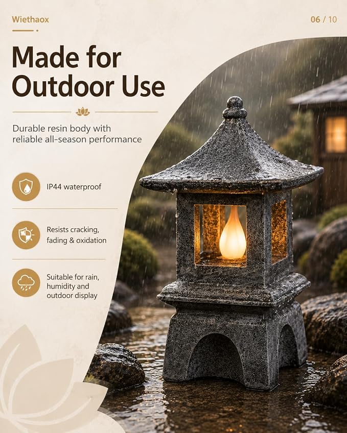 Solar Pagoda Lantern Japanese-Style with LED Flickering Flame Light, Zen Garden Statue Waterproof Resin Stone Finish Outdoor Decorations for Patio Yard Lawn, Housewarming Gifts for Mom Women