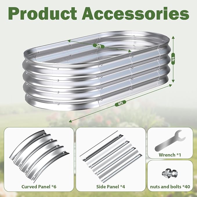 Galvanized Raised Garden Bed Outdoor, 4x2x1ft Metal Heavy Duty Planter Boxes for Gardening, Easy Assemble Bottomless Small Oval Plant Container Kit for Vegetable, Flower, Fruit, Silver, 1Pack