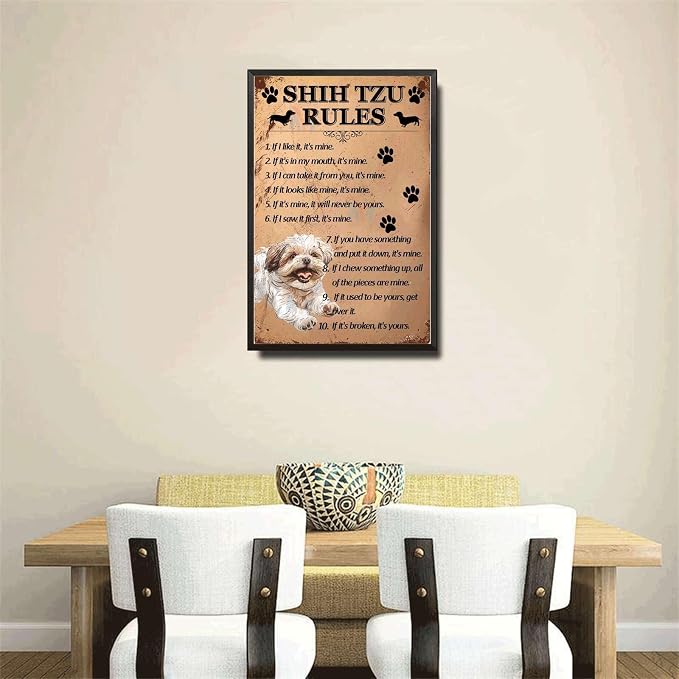 Metal Sign Tin Sign Vintage Wall Art Shih Tzu Rules Gardening Sign for Bar 6×8 Inches with Metal Frame