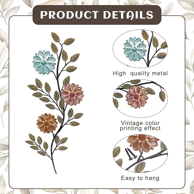 MorningRo 2 Pcs Metal Flower Leaves Wall Art Spring Wall Decor Living Room, 15.75 Inch Vintage Rustic Branch Leaf Wrought Iron Scroll Art Decor for Summer Bedroom Indoor Outdoor Decorations(Colorful)