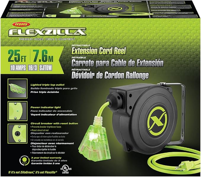 Flexzilla Retractable Extension 16/3 AWG 25' Electric Cord Reel, ZillaGreen, FZ8160253