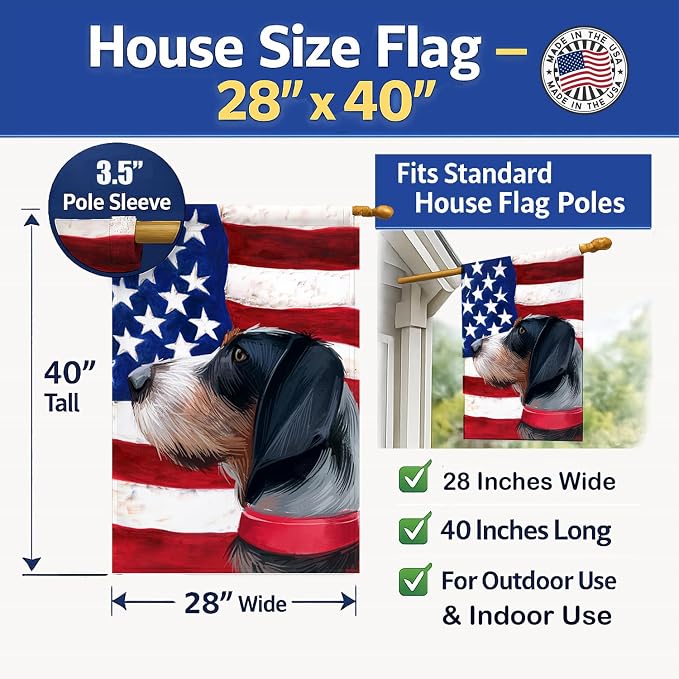 Caroline's Treasures CK6551CHF Griffon Bleu de Gascogne American Flag House Flag Large Porch Sleeve Pole Decorative Outside Yard Banner Artwork Wall Hanging, Polyester, House Size, Multicolor