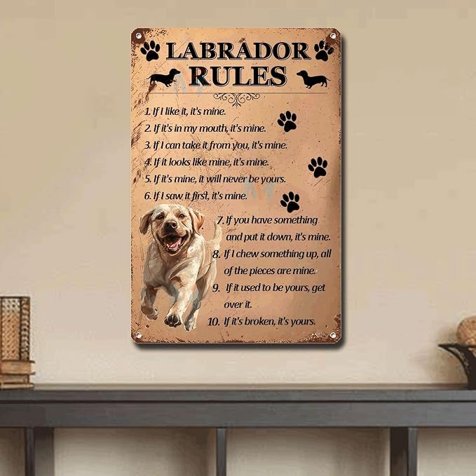 Metal Sign Tin Sign Vintage Wall Art Labrador Rules Toilet Decor Tin Sign for Restaurant 8×12 Inches