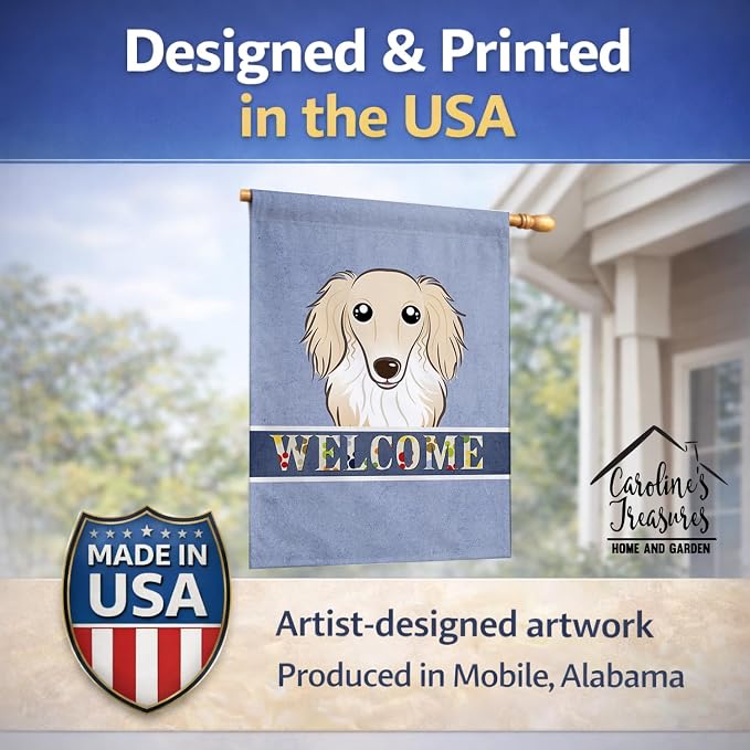 Caroline's Treasures BB1398CHF Longhair Creme Dachshund Welcome House Flag, Blue Large Porch Sleeve Pole Decorative Outside Yard Banner Artwork Wall Hanging, Polyester, House Size, Multicolor