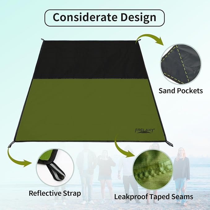 Frelaxy Pocket Picnic Blanket, Waterproof Sandproof Beach Mat, Compact Camping Tarp for Festivals, Hiking, Travel, Outdoor Recreation (Army Green, 35'' x 57'')