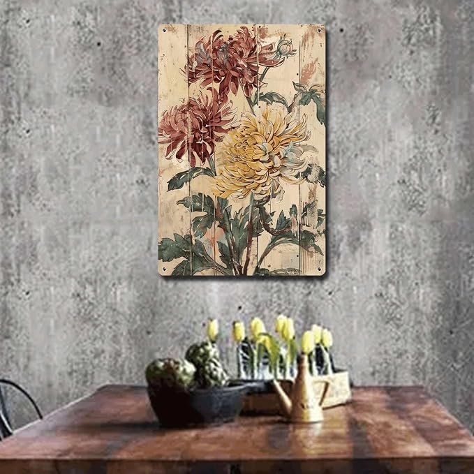 Metal Sign Tin Sign Vintage Wall Art Autumn's Antique Beauty Chrysanthemum Tin Sign for Vintage Wall Art Rustic Charm and Shabby Chic Restroom Tin Sign for Pub 8×12 Inches