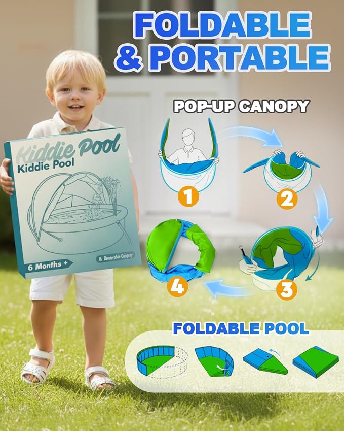 2026 Updated Foldable Kiddie Pool with Canopy and 20 Ocean Balls: 47in for Baby Toddler Kids- Summer Water Play Pool with Sprinkler and Shade - Portable for Outdoor Backyard Beach