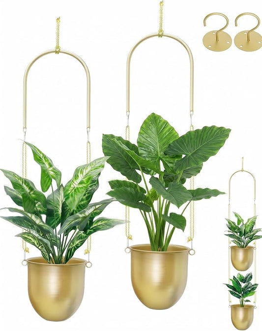 AceList Gold Hanging Planters Set of 2 - Modern Metal Plant Pots 5.5 Inch with Adjustable Hemp Rope and Mounting Hooks, Indoor Outdoor Boho Home Decor for Living Room Balcony Garden Patio Window