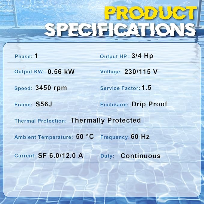 B127 Pool Pump Motor 0.75 HP, Fit for Century A.O. Smith 0.75HP Single Speed, 3450 RPM, S56J Frame, 230V, Swimming Pool Motor