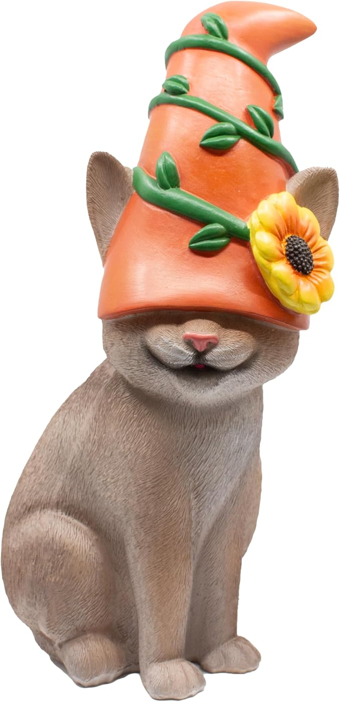 Cat Gnome 12" Tall (Gray) | Cute Outdoor Statues for Garden, Cat Home Décor, Hand-Painted and Original Design
