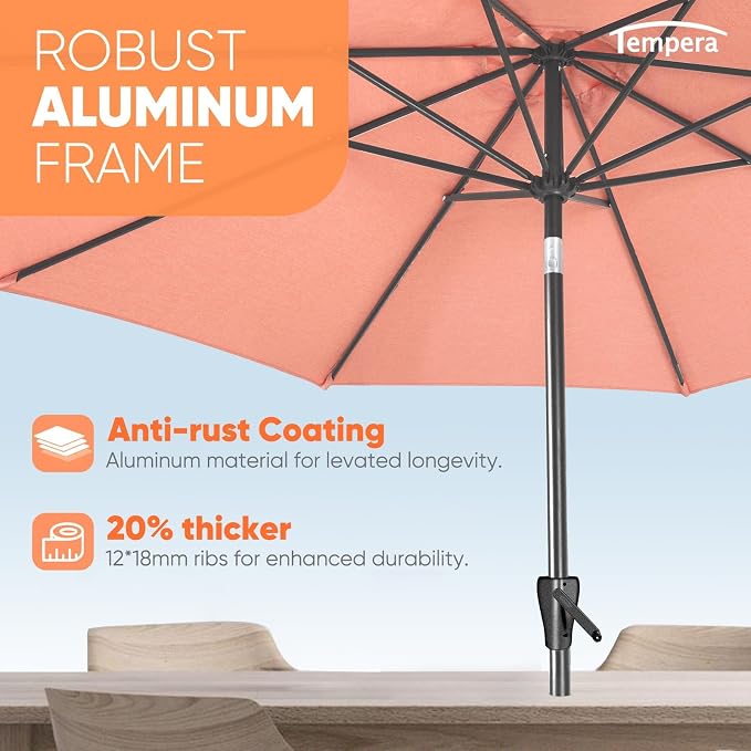 Tempera Patio Market Outdoor Table Umbrella with Push Button Tilt and Crank, Large Sun Umbrella with Sturdy Pole & Fade Resistant Canopy, Easy to Set
