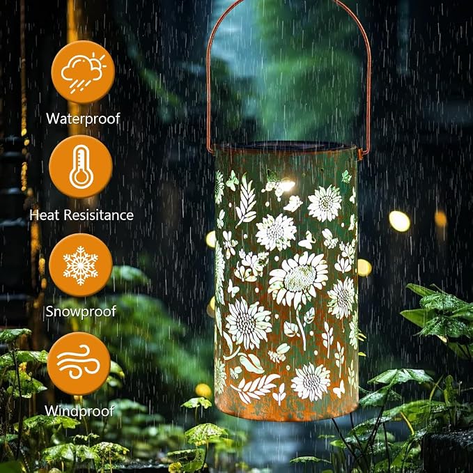 Solar Lanterns Outdoor Waterproof,Hanging Solar Lights for Garden Decor Outside,Sunflower Gifts for Women,Metal Lanterns Decorative Outdoor for Yard,Patio,Backyard,Porch-2 Pack