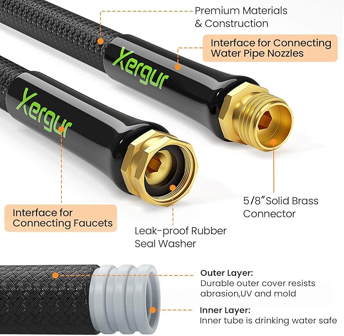 Flexible Garden Hose Water Pipe - 25FT Lightweight Garden Water Hose, Portable Patio Hose with Solid Brass Fittings and Double Latex Core for Pet Washing, Black