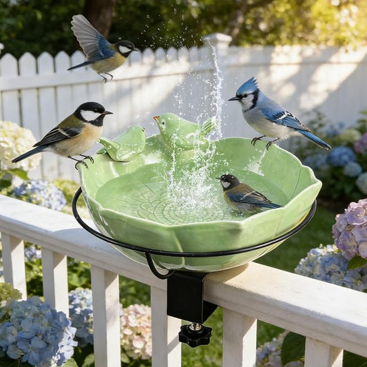 Glazed Ceramic Bird Bath for Deck Railing, 11 Inch Outdoor Bird Feeder Bowl with Adjustable Clamp, Easy Install Balcony/Patio Birdbath for Outside Garden Backyard Decoration, Green