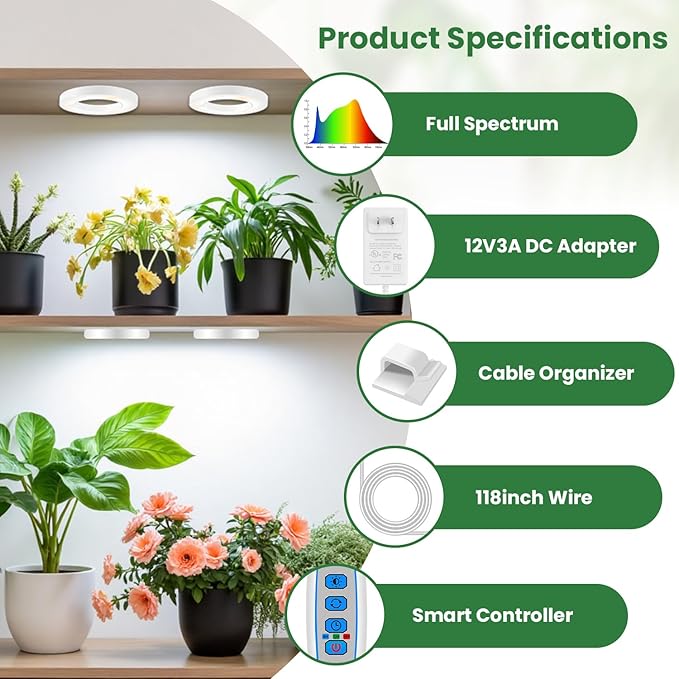 Kullsinss 3.5" Grow Lights for Indoor Plants, 36W Full Spectrum Plant Light | 6-Head Plant Grow Lamp with 6/12/16H Auto Timer, 5 Brightness Levels, DC Adapter, Ideal for Under Cabinets, Plants Shelves