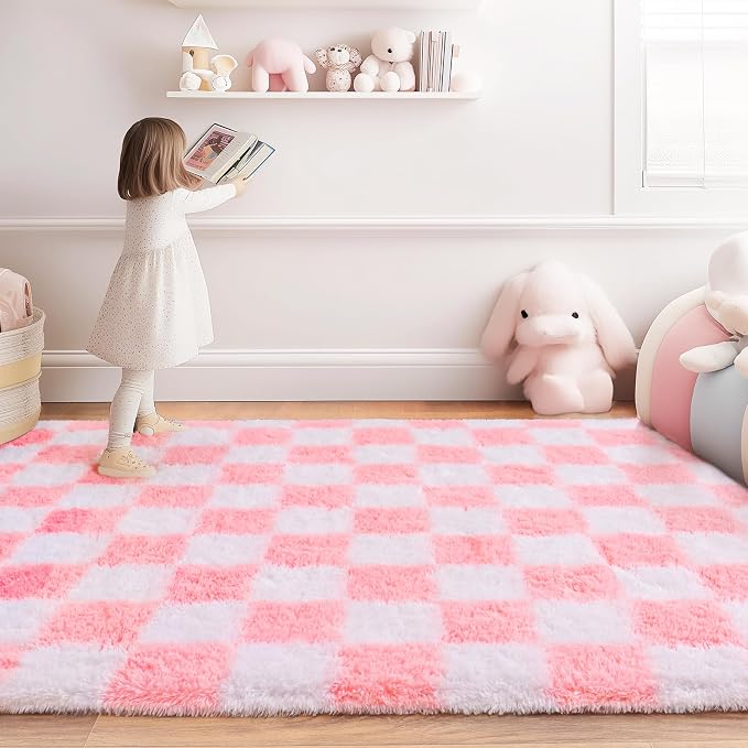 Checkered Rug for Living Room 6x9, Ultra Fluffy Fuzzy Shag Large Area Rug for Bedroom, Modern Plush Soft Upgrade Non-Slip Carpet for Kids and Girls Room Dorm Home Decor, Pink and White
