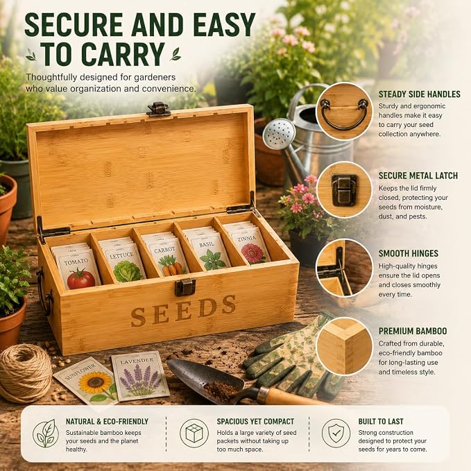 Bamboo Garden Seed Storage Organizer Box, Wooden Seed Box with Removable Dividers, Metal Handle and Latch, Seed Keeper Organizer for Garden Seed Packets and Storage (10.59 x 7 x 5.12 in)