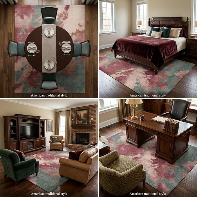 5x7 Pink, Green and Cream Modern Abstract Watercolor Area Rug | Washable non-slip low-pile faux cashmere rug for living rooms, bedrooms and home offices; soft, foldable and easy to clean.