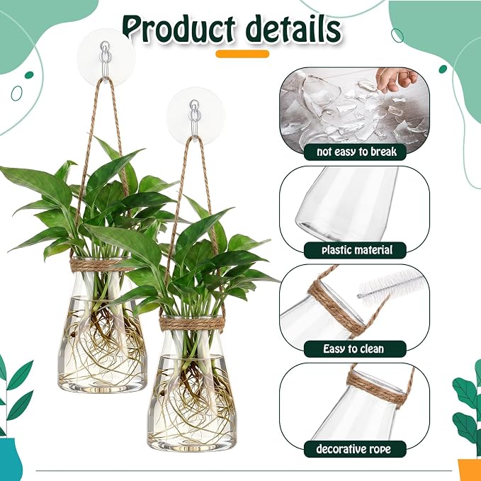 Baderke 9 Sets Window Hanging Propagation Stations 3.35'' Plastic Propagation Vases with Suction Cup & Traceless Nail, Propagated Holder Wall Jars for Office Garden Decoration Gift