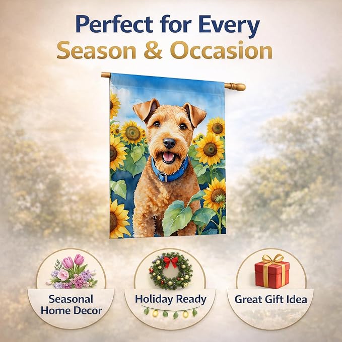Caroline's Treasures DAC6114CHF Lakeland Terrier in Sunflowers House Flag Large Porch Sleeve Pole Decorative Outside Yard Banner Artwork Wall Hanging, Polyester, House Size, Multicolor