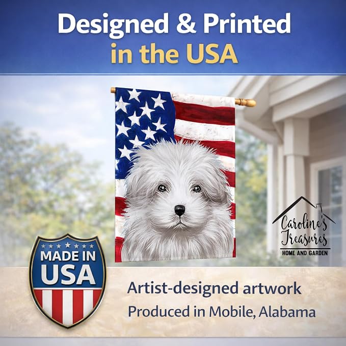Caroline's Treasures CK6446CHF Bolognese Dog American Flag House Flag Large Porch Sleeve Pole Decorative Outside Yard Banner Artwork Wall Hanging, Polyester, House Size, Multicolor
