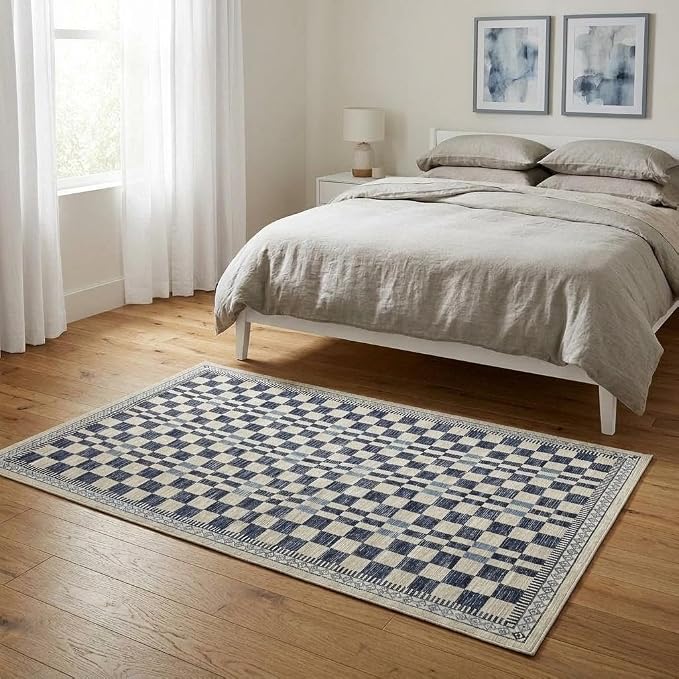 GarveeHome 3x5 Small Rug for Bedroom Machine Washable Blue Checkered Rug | Non-Slip Low Pile Modern Abstract Checkered Accent Mat for Porch Contemporary Premium Soft Area Rug for Living Room Dining