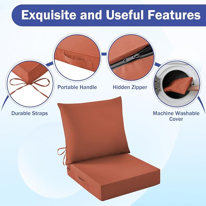 Outdoor Chair Cushions, 24 x 24 Inch Outdoor Cushion for Patio Furniture, Patio Chair Cushion, Waterproof & Fade Resistant Deep Patio Furniture Cushions Set with Handle and Ties, Spice (Set of 2)