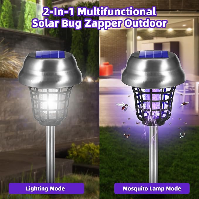 Solar Bug Zapper Outdoor Waterproof Mosquito Repellent Outdoor Patio Mosquito Trap & Killer for Backyard, Farm, Garden, 2026 Solar Powered Fly Zapper for Small Flying Insect, Gnats, Flies, Moths(4)